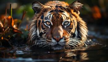 ai generiert Bengalen Tiger starren, wild Schönheit im Natur still Betrachtung generiert durch ai foto