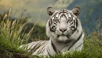 ai generiert fesselnd Nahansicht von ein majestätisch Weiß männlich Tiger beim sich ausruhen im das Wald foto