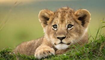 ai generiert Nahansicht von ein Neugeborene Baby Löwe Jungtier im das Wald foto