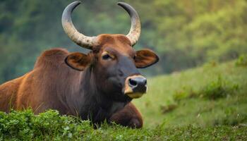 ai generiert ruhen Gaur Stier inmitten üppig Wald Hintergrund foto