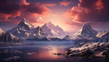 ai generiert majestätisch Berg Gipfel spiegelt still Sonnenuntergang auf eisig Wasser generiert durch ai foto