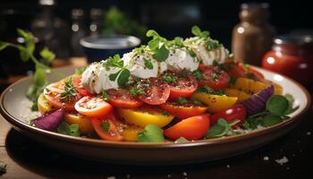 ai generiert Frische auf Teller gesund Salat, Gourmet Mahlzeit, Vegetarier Vorspeise generiert durch ai foto