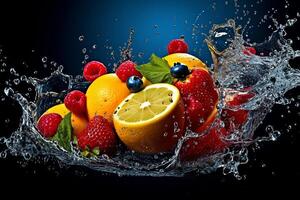 ai generiert Wasser Spritzen mit frisch Obst foto