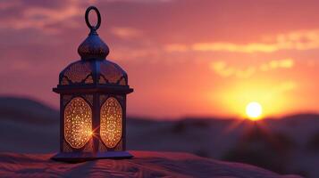 ai generiert ein Laterne Das Beleuchtung oben beim Sonnenuntergang. Ramadan kareem Hintergrund foto