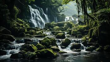 ai generiert majestätisch tropisch Regenwald, fließend Wasser, still Cliff, verschwommen Bewegung generiert durch ai foto