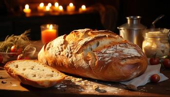 ai generiert ein rustikal, hausgemacht Mahlzeit frisch brot, gebacken mit Liebe generiert durch ai foto