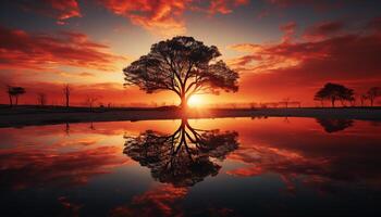 ai generiert Silhouette Baum spiegelt still Sonnenuntergang auf Wasser Horizont generiert durch ai foto