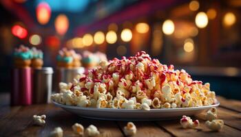 ai generiert Gourmet Snack auf Tisch, Film Nacht Erfrischung, Genuss im Süße generiert durch ai foto