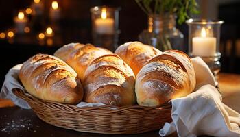 ai generiert frisch gebacken Croissant auf hölzern Tisch, Gourmet Mahlzeit im Korb generiert durch ai foto