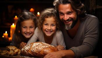 ai generiert ein heiter Familie Backen brot, lächelnd und suchen beim Kamera generiert durch ai foto