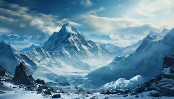 ai generiert majestätisch Berg Gipfel, Schnee bedeckt Landschaft, Panorama- Winter Abenteuer generiert durch ai foto