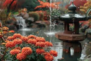 ai generiert still japanisch Garten mit beschwingt Orange Blumen foto