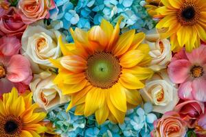 ai generiert Sonnenblume Akzent im lebendig Blumen- Tapisserie foto