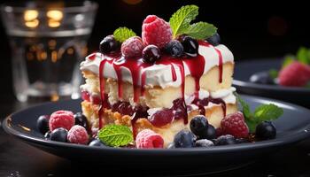 ai generiert ein Gourmet Dessert Teller mit Himbeere, Blaubeere, und Erdbeere generiert durch ai foto