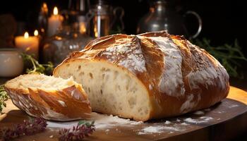 ai generiert frisch gebacken Brot auf hölzern Tisch, ein hausgemacht Gourmet Mahlzeit generiert durch ai foto