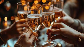 ai generiert schließen oben Hand von Menschen Toasten mit Weihnachten Champagner Brille Kopieren Raum foto