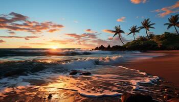 ai generiert Sonnenuntergang Über das still Küste, Natur Schönheit reflektiert im Wasser generiert durch ai foto