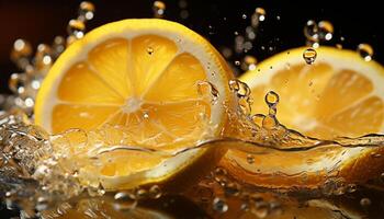 ai generiert erfrischend Zitrusfrüchte Obst Scheibe im ein beschwingt Gelb Flüssigkeit generiert durch ai foto