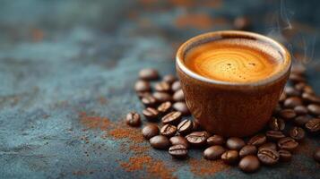 ai generiert Espresso Kaffee Tasse mit Kaffee Bohnen auf ein Jahrgang Tabelle ,Kopieren Raum. foto