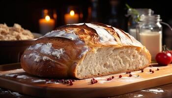 ai generiert frisch gebacken Brot auf hölzern Tisch, ein hausgemacht Gourmet Freude generiert durch ai foto