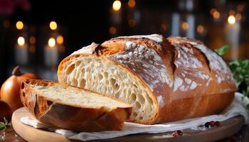 ai generiert frisch gebacken Brot auf hölzern Tisch, ein köstlich Mahlzeit generiert durch ai foto