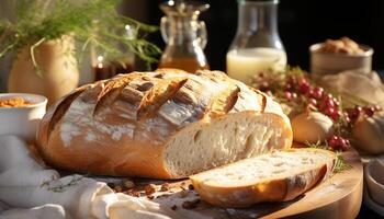 ai generiert frisch gebacken Ciabatta Laib auf hölzern Tisch, bereit zu Essen Gourmet Mahlzeit generiert durch ai foto