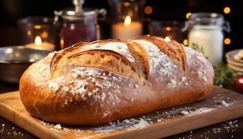 ai generiert frisch gebacken Brot auf hölzern Tisch, hausgemacht und köstlich generiert durch ai foto