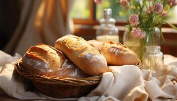 ai generiert frisch gebacken hausgemacht Brot auf rustikal hölzern Tischdecke generiert durch ai foto