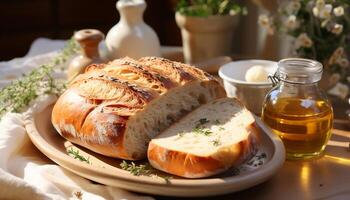 ai generiert frisch gebacken Ciabatta Laib auf hölzern Tisch, bereit zu Essen Gourmet Mahlzeit generiert durch ai foto