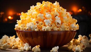 ai generiert Aufpassen ein Film, Essen auf frisch Popcorn im ein Theater generiert durch ai foto
