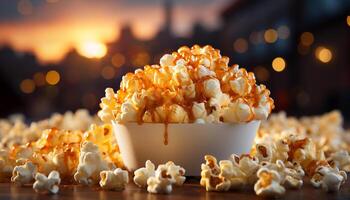 ai generiert Aufpassen ein Film, Essen auf Gourmet Popcorn im ein Film Theater generiert durch ai foto