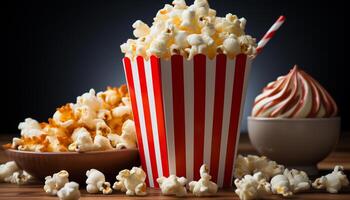 ai generiert Aufpassen ein Film, Essen auf gebuttert Popcorn, rein Vergnügen generiert durch ai foto