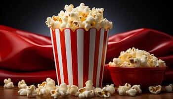 ai generiert Aufpassen ein Film, Essen auf Popcorn, im ein rot Theater generiert durch ai foto