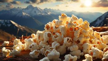 ai generiert Frische im Natur Berg Gipfel Snack, Gelb Sonnenuntergang Schönheit generiert durch ai foto