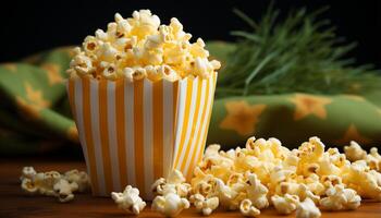 ai generiert frisch Popcorn im gestreift Eimer, perfekt Film Theater Snack generiert durch ai foto