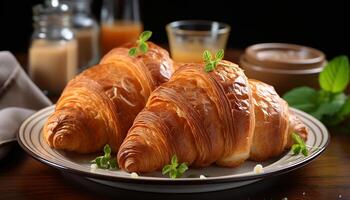 ai generiert Frische und Gourmet auf ein Holz Tisch, gebacken Croissant generiert durch ai foto