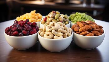 ai generiert gesund Essen frisch Obst Schüssel, organisch Snack auf Holz generiert durch ai foto