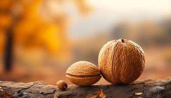 ai generiert Herbst Blatt, Nussbaum, und Pekannuss ein gesund Snack generiert durch ai foto