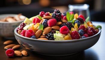 ai generiert Frische und Süße im ein Schüssel von Gourmet Obst Salat generiert durch ai foto