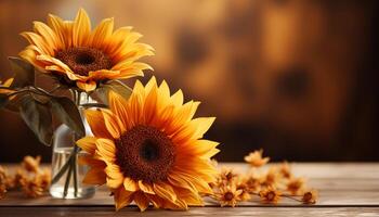 ai generiert hell Gelb Sonnenblume im ein rustikal hölzern Vase generiert durch ai foto