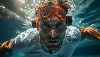 ai generiert einer Person Unterwasser, Baden, haben Spaß, Tauchen in Blau Wasser generiert durch ai foto