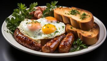 ai generiert gegrillt Schweinefleisch auf Platte, frisch brot, Gourmet Mahlzeit, gesund Essen generiert durch ai foto