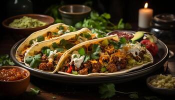 ai generiert gegrillt Fleisch, frisch Guacamole, und würzig Salsa auf Tortilla generiert durch ai foto