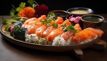 ai generiert ein gesund Mittagessen frisch Meeresfrüchte, Reis, und Gemüse Sushi generiert durch ai foto