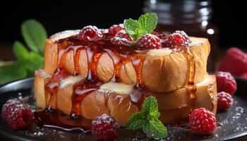 ai generiert frisch gebacken Pfannkuchen mit Himbeere Soße, Schokolade, und Minze Blatt generiert durch ai foto