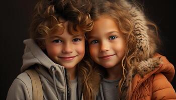 ai generiert zwei süß Kinder, ein Junge und Mädchen, lächelnd draußen generiert durch ai foto