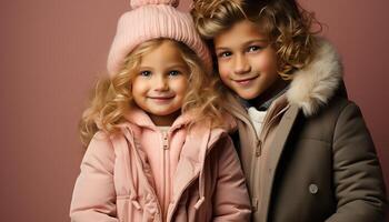 ai generiert lächelnd Kind, süß Mädchen, Glück Porträt Jungs Kindheit Winter generiert durch ai foto