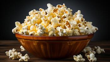 ai generiert frisch Popcorn im ein Gelb Schüssel, perfekt Film Theater Snack generiert durch ai foto