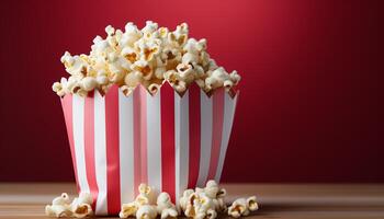 ai generiert Gourmet Süßigkeiten im ein Reihe, frisch Popcorn zum Film Theater generiert durch ai foto