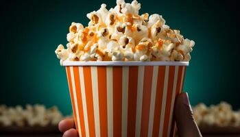 ai generiert Publikum genießen Film Theater Snacks im gestreift Karton Behälter generiert durch ai foto